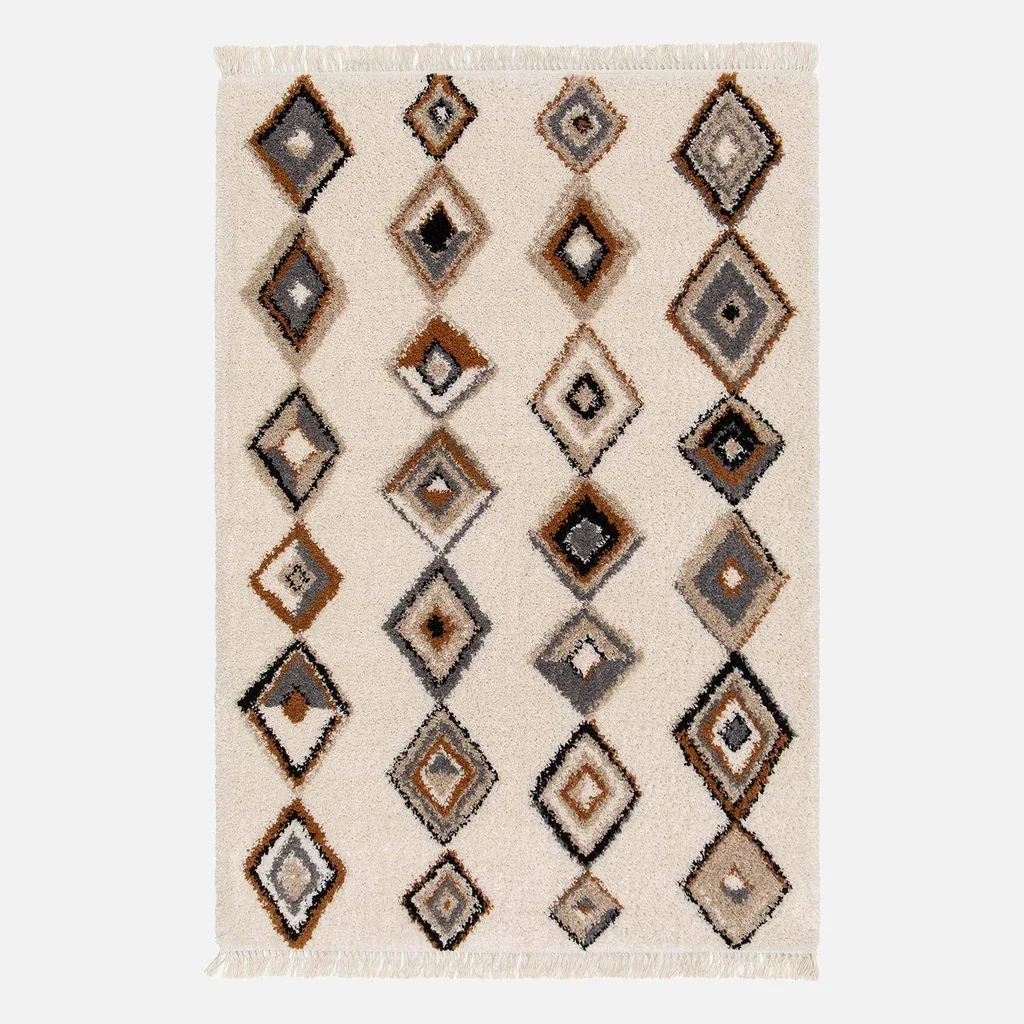 Alfombra salón beige motivos étnicos flecos largos pelo largo suave Selena