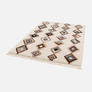 Alfombra salón beige motivos étnicos flecos largos pelo largo suave Selena