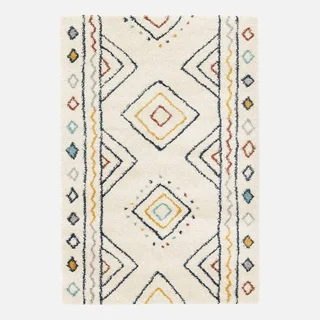 Tapis berbère crème bleu orange motifs ethniques salon cosy
