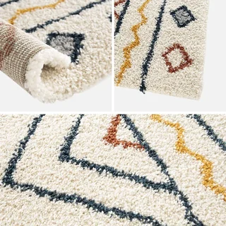 Tapis berbère crème bleu orange motifs ethniques salon cosy