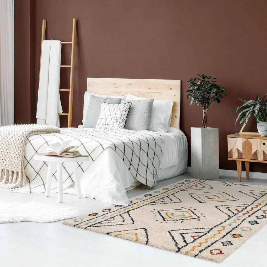 Tapis salon berbère crème bleu orange motif ethnique intérieur Ralph
