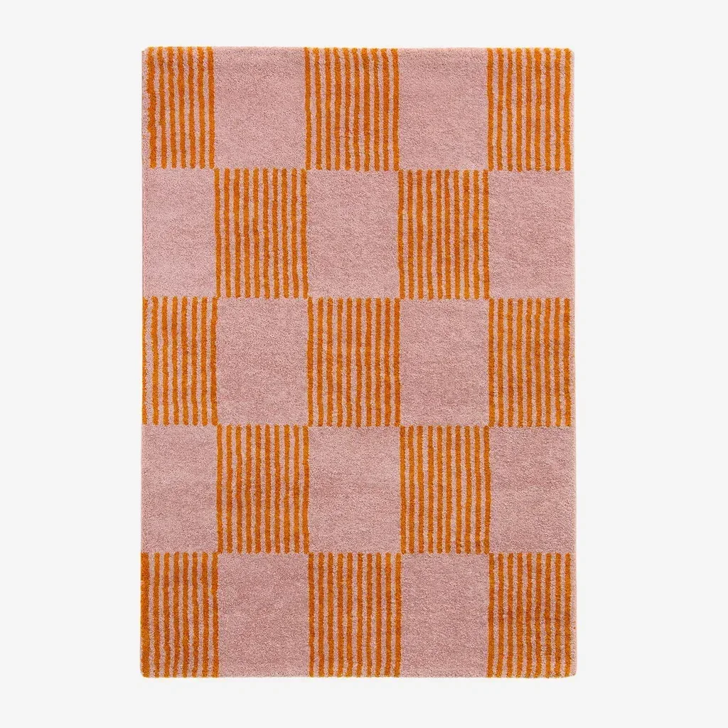 Tapete sala xadrez bicolor laranja rosa Fergew macio felpudo
