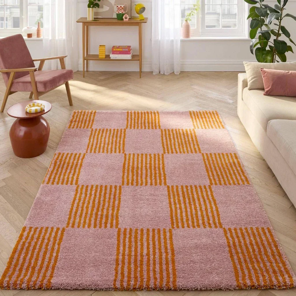 Orange pink checkered living room rug soft Fergew plush carpet