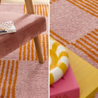 Tapete sala xadrez bicolor laranja rosa Fergew macio decorativo