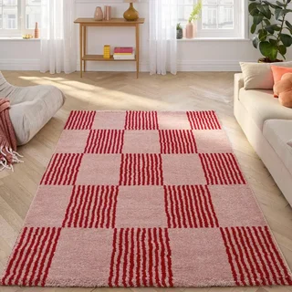 Tapis damier rouge et rose moelleux salon chambre
