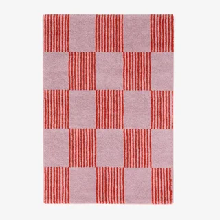 Tapis damier rouge et rose moelleux salon chambre