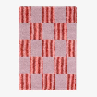 Tapis salon damier bicolore rouge et rose Fergew moelleux