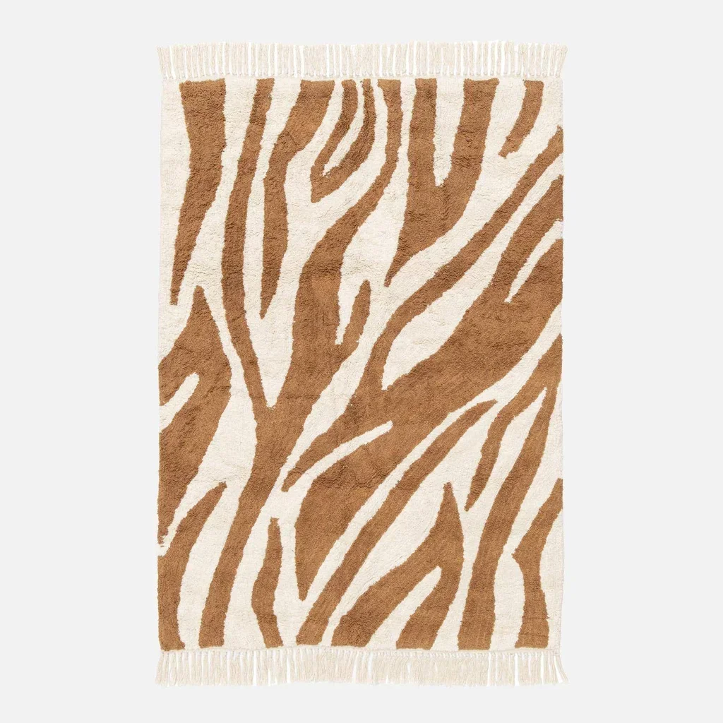 Red Brick Zebra Print Living Room Rug Cotton Fringe Non-Slip Washable
