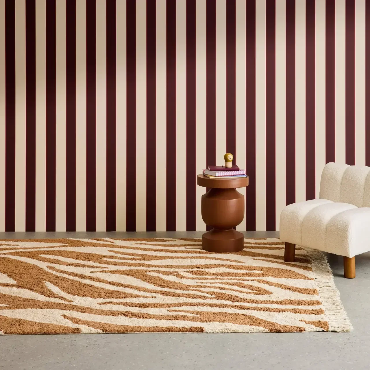 Tapis salon motif zèbre rouge brique franges coton Josh