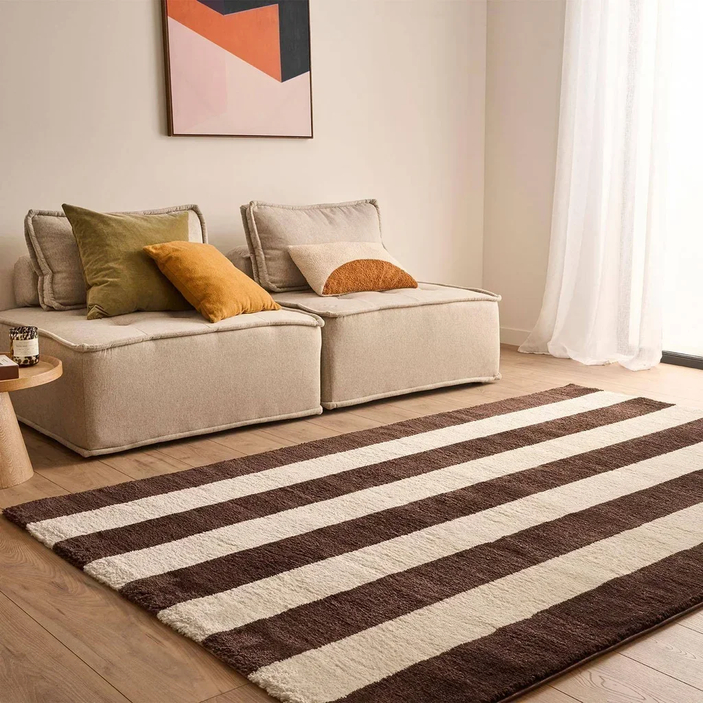 Brown White Striped Living Room Rug Soft Durable Interior Design Pablo