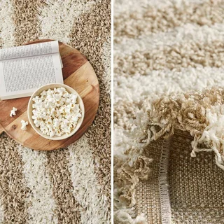 Tapis shaggy beige motifs géométriques rectangulaires doux salon chambre