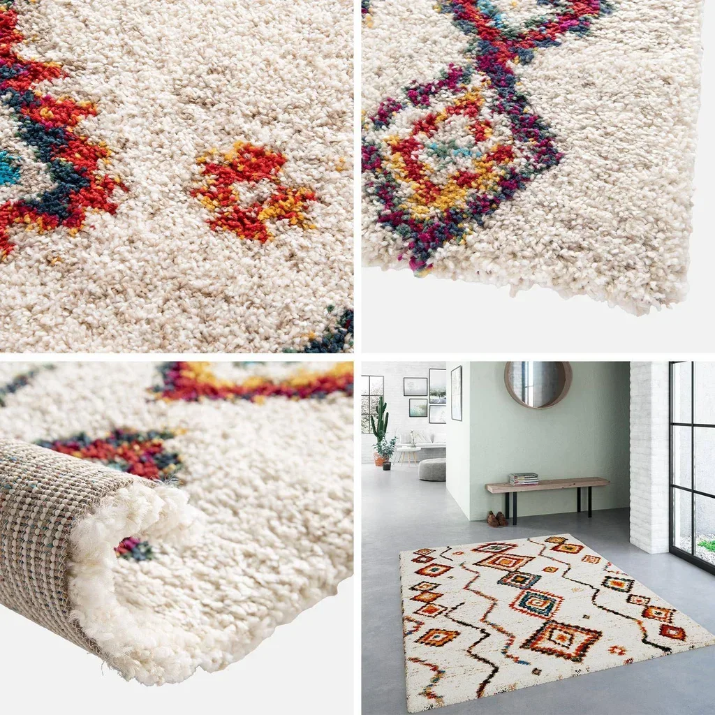Tapis shaggy berbère intérieur créme multicolore poil long doux et chaleureux