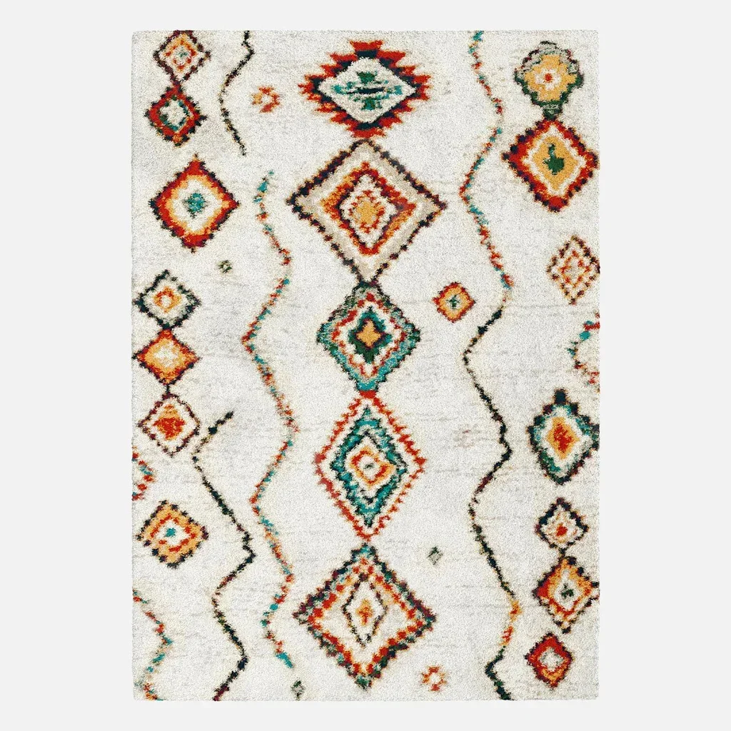 Tapis shaggy berbère intérieur créme multicolore poil long doux et chaleureux