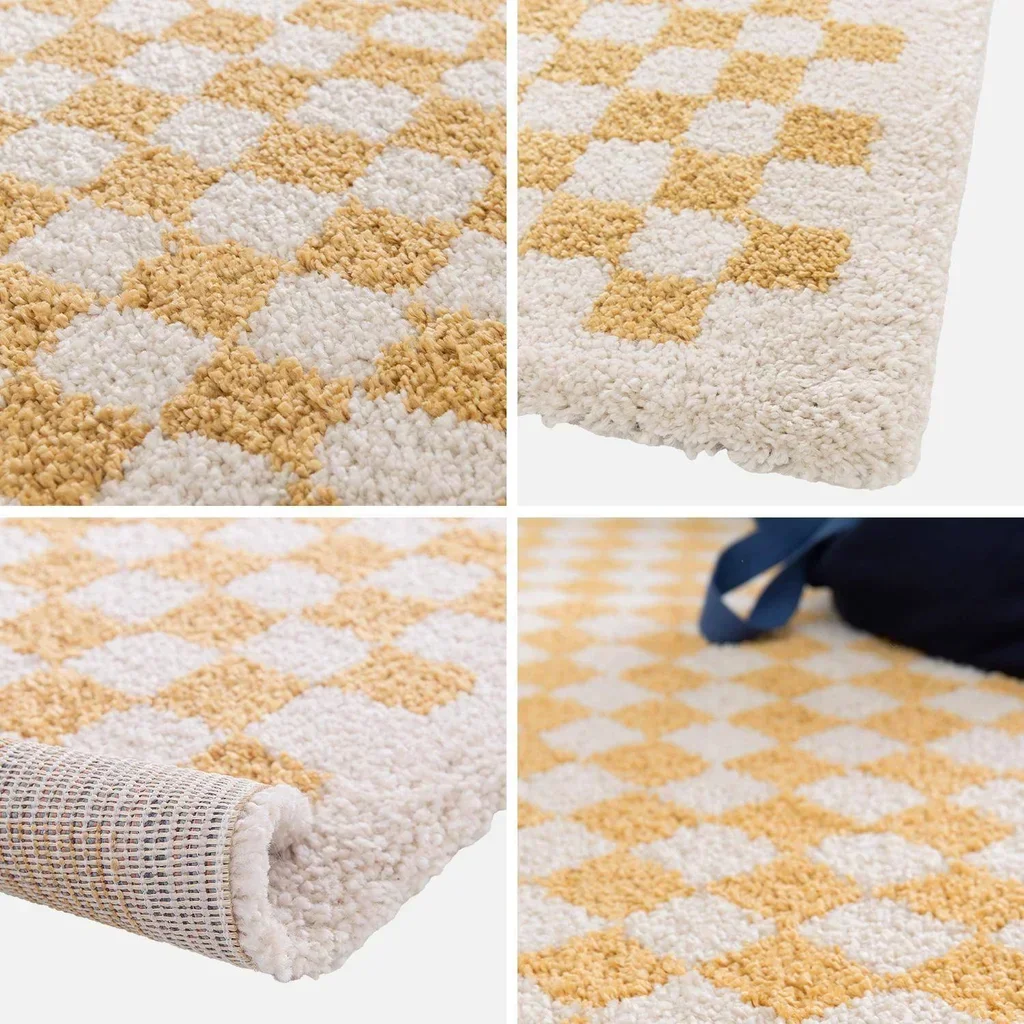 Tapis shaggy damier jaune moutarde et crème poils longs intérieur