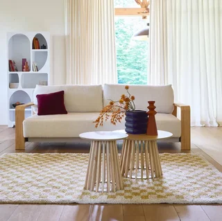 Tapis shaggy damier jaune moutarde et crème poils longs intérieur doux