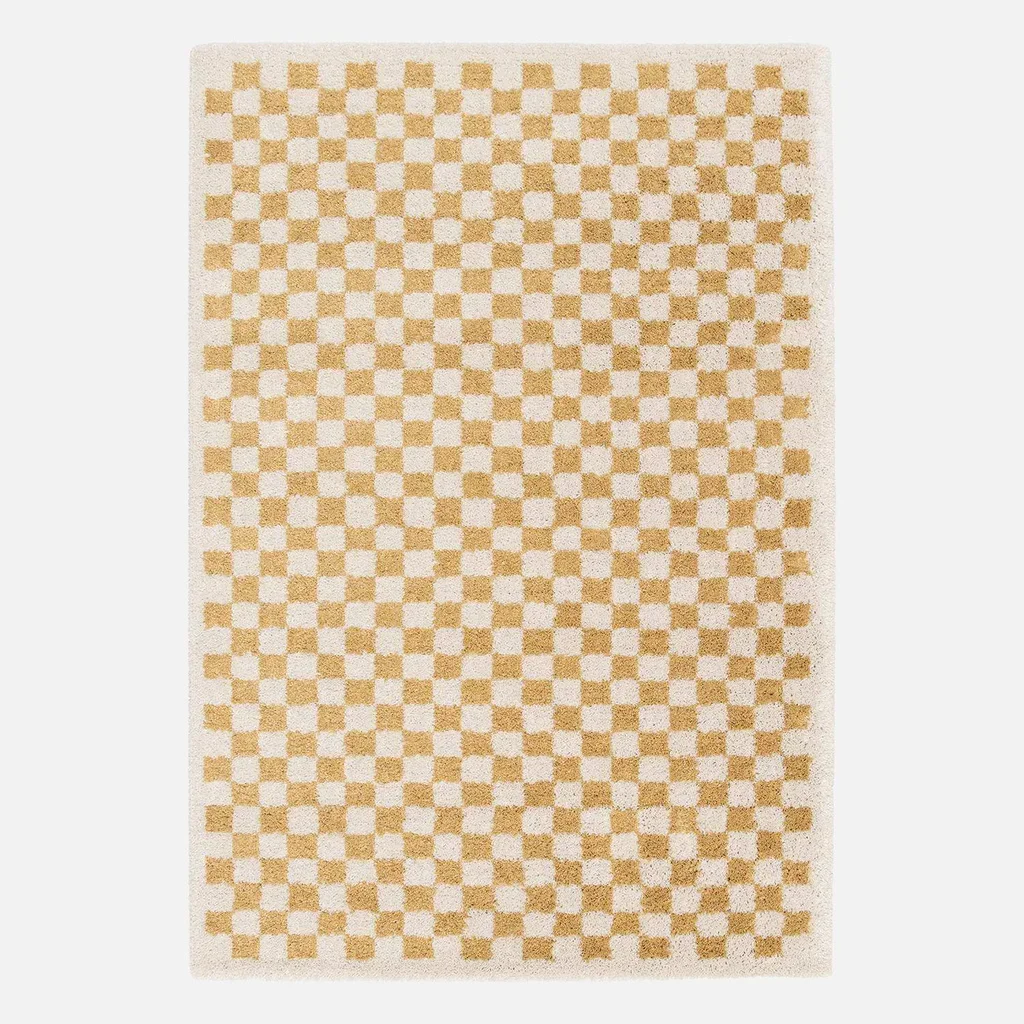 Tapis shaggy damier jaune moutarde et crème poils longs intérieur doux