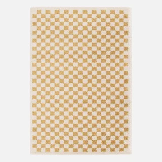 Tapis shaggy damier jaune moutarde et crème poils longs intérieur doux