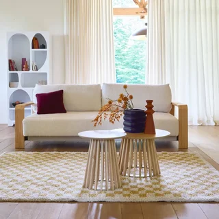 Tapis shaggy damier jaune moutarde crème poils longs intérieur