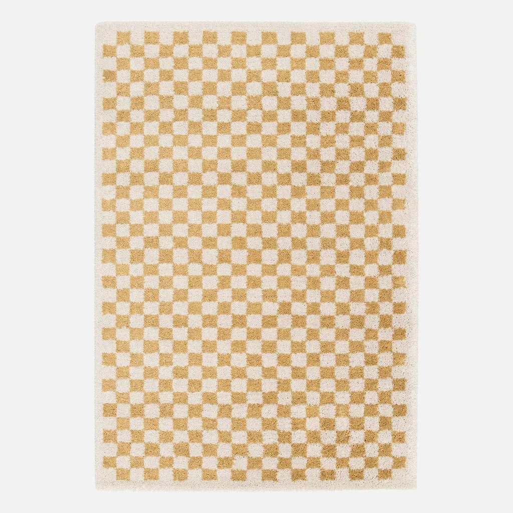 Tapis shaggy damier jaune moutarde crème poils longs intérieur