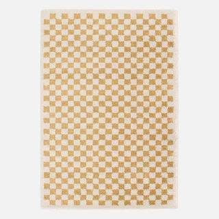 Tapis shaggy damier jaune moutarde et crème poils longs intérieur