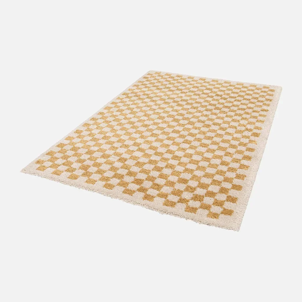 Tapis shaggy damier jaune moutarde et crème poils longs intérieur doux