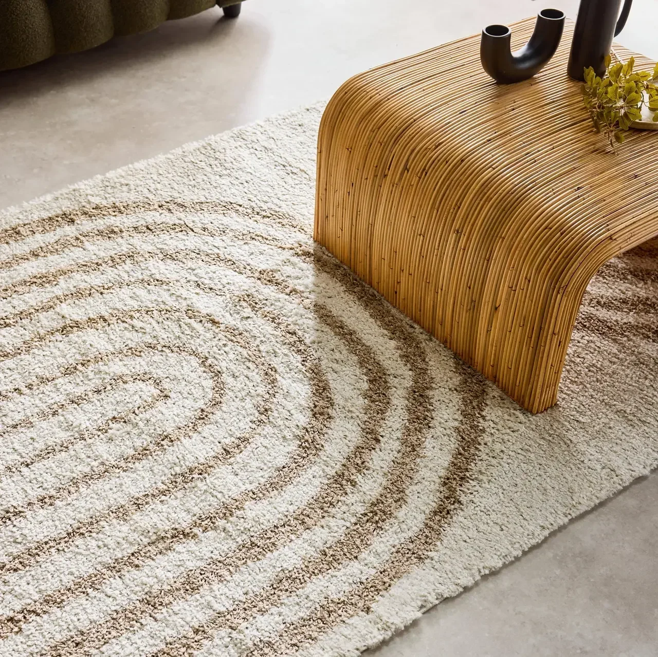 Beige shaggy rug rainbow geometric patterns multicolor long pile living room