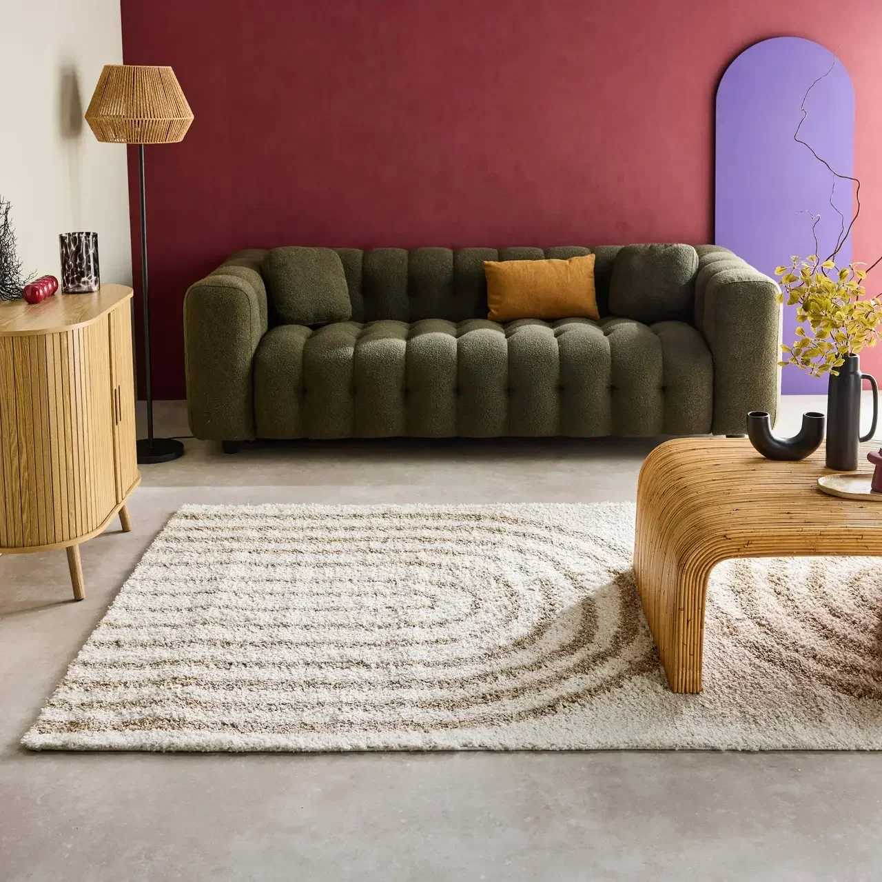 Beige shaggy rug rainbow geometric patterns multicolor long pile living room