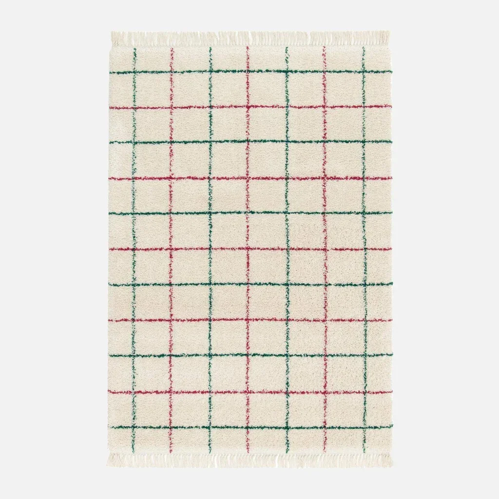 Tapis shaggy Edward carreaux multicolores franges salon chambre