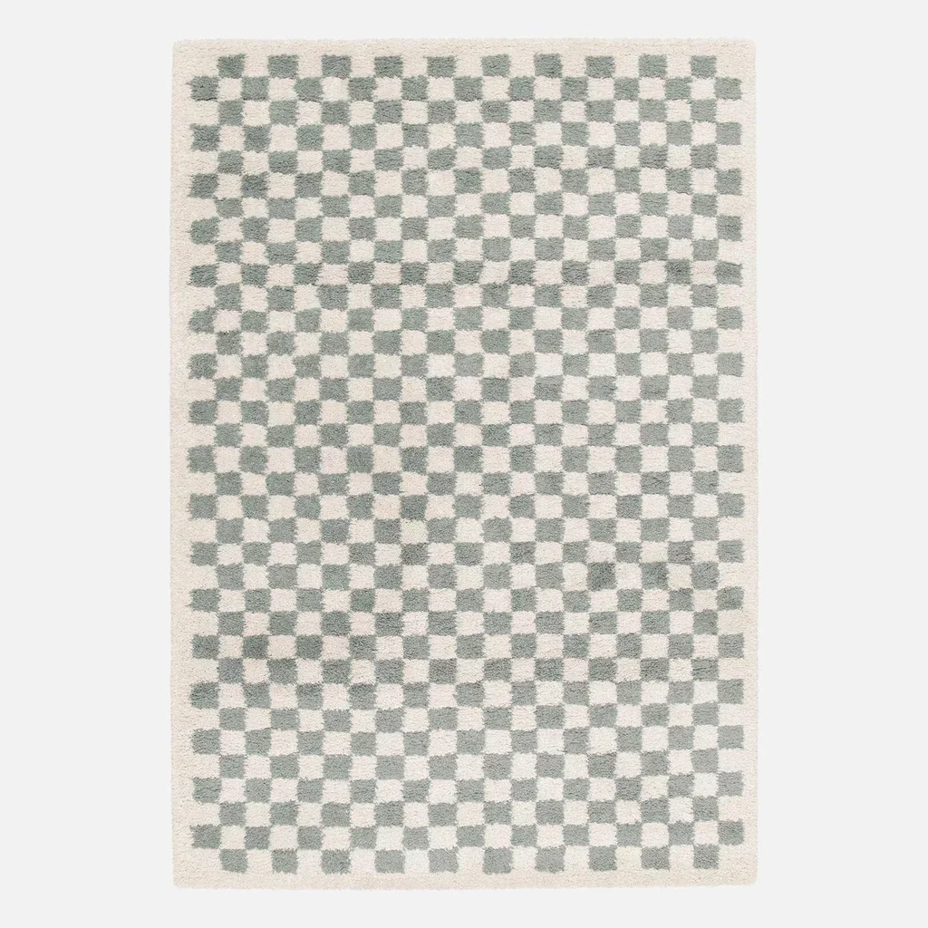 Tapis shaggy damier bleu crème vintage 70s poils longs moelleux salon cocooning
