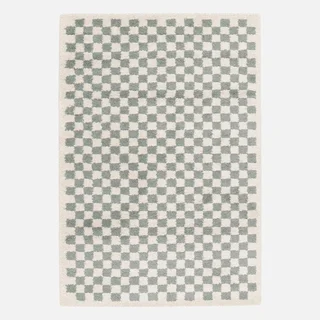 Tapis shaggy damier bleu crème vintage 70s poils longs moelleux salon cocooning