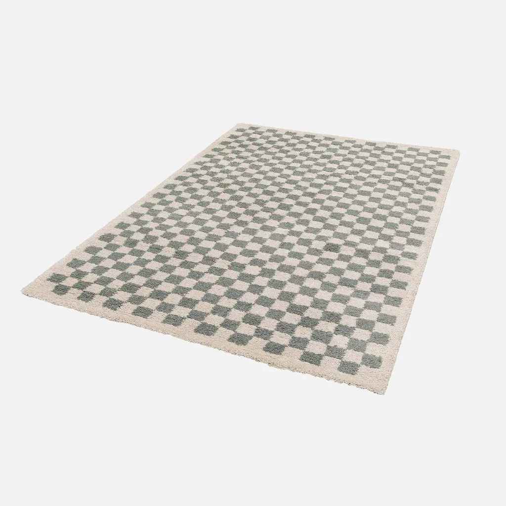 Tapis shaggy damier bleu crème vintage 70s poils longs moelleux salon cocooning