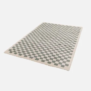 Tapis shaggy damier bleu crème vintage 70s poils longs moelleux salon cocooning