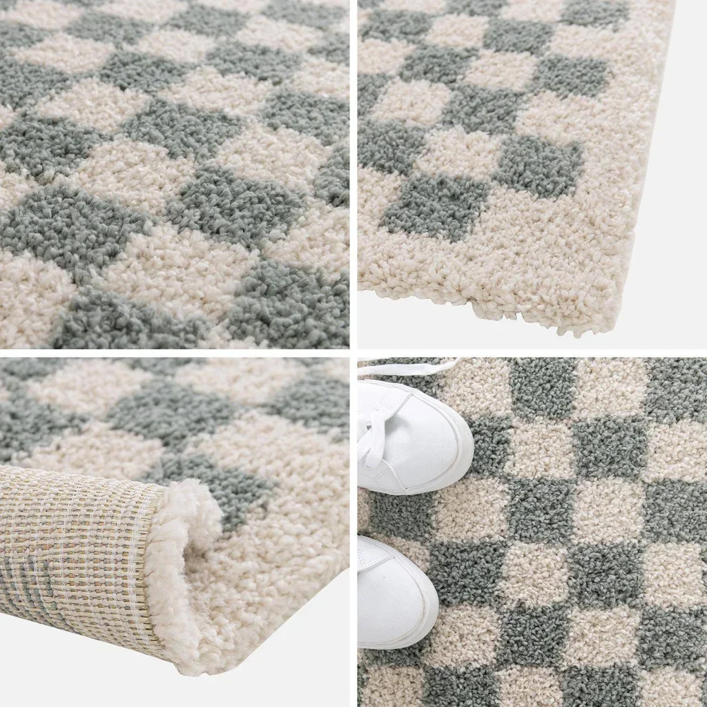 Tapis shaggy damier bleu crème vintage 70s poils longs moelleux salon cocooning