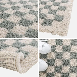 Tapis shaggy damier bleu crème vintage 70s poils longs moelleux salon cocooning