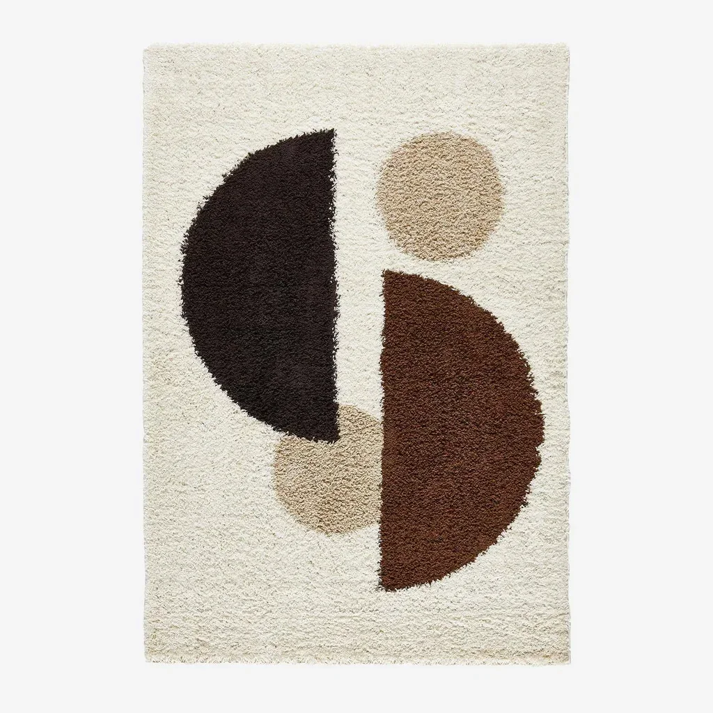 Tapis shaggy beige marron noir motifs cercles design moderne salon cosy