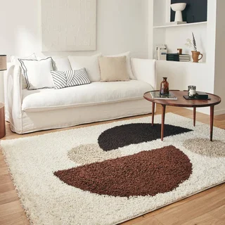 Tapete shaggy bege castanho preto padrões círculos design moderno sala de estar aconchegante