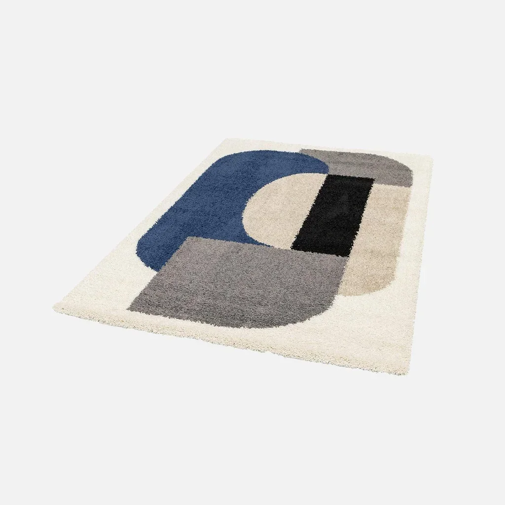 Tapis shaggy intérieur géométrique multicolore bleu gris rétro chic