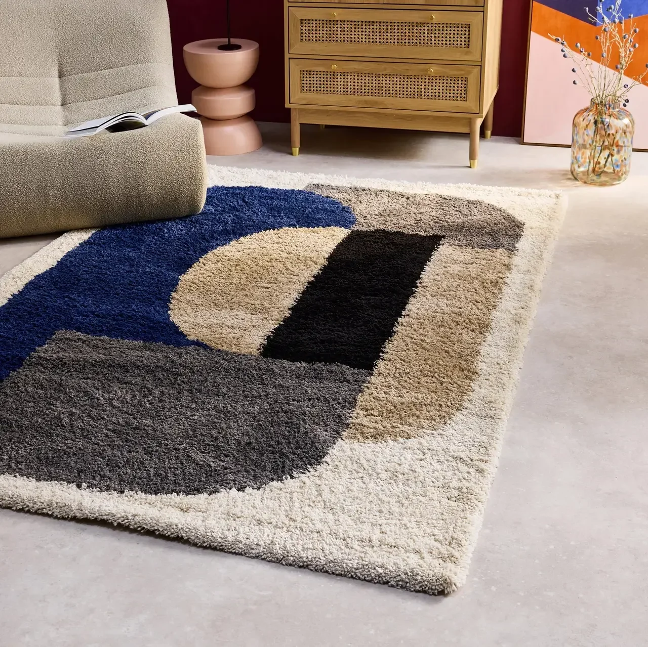 Tapis shaggy intérieur géométrique multicolore rétro bleu gris