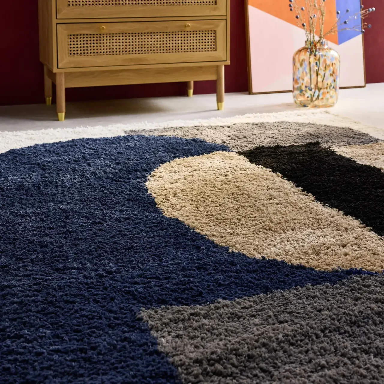 Tapis shaggy intérieur géométrique multicolore bleu gris rétro chic