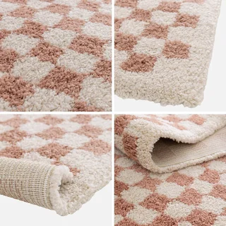 Tapis shaggy damier vieux rose et crème poils longs doux intérieur