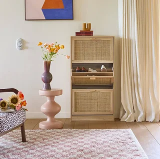 Tapis shaggy damier vieux rose crème poils longs doux salon chambre