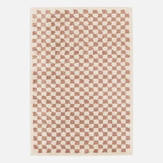 Tapis shaggy damier vieux rose crème poils longs doux intérieur