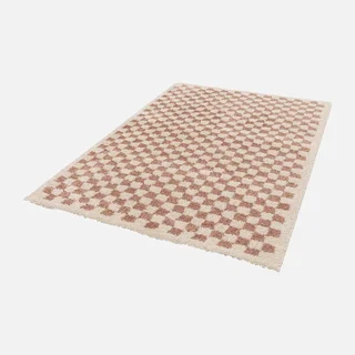 Tapis shaggy damier vieux rose et crème poils longs doux intérieur