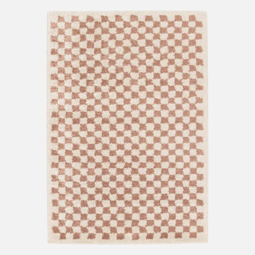 Tapis shaggy damier vieux rose et crème poils longs doux intérieur