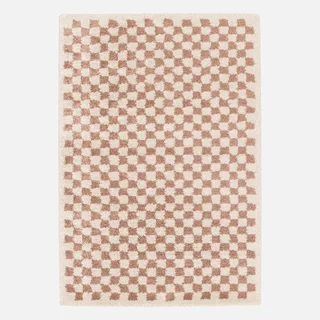 Tapis shaggy damier vieux rose et crème poils longs doux intérieur