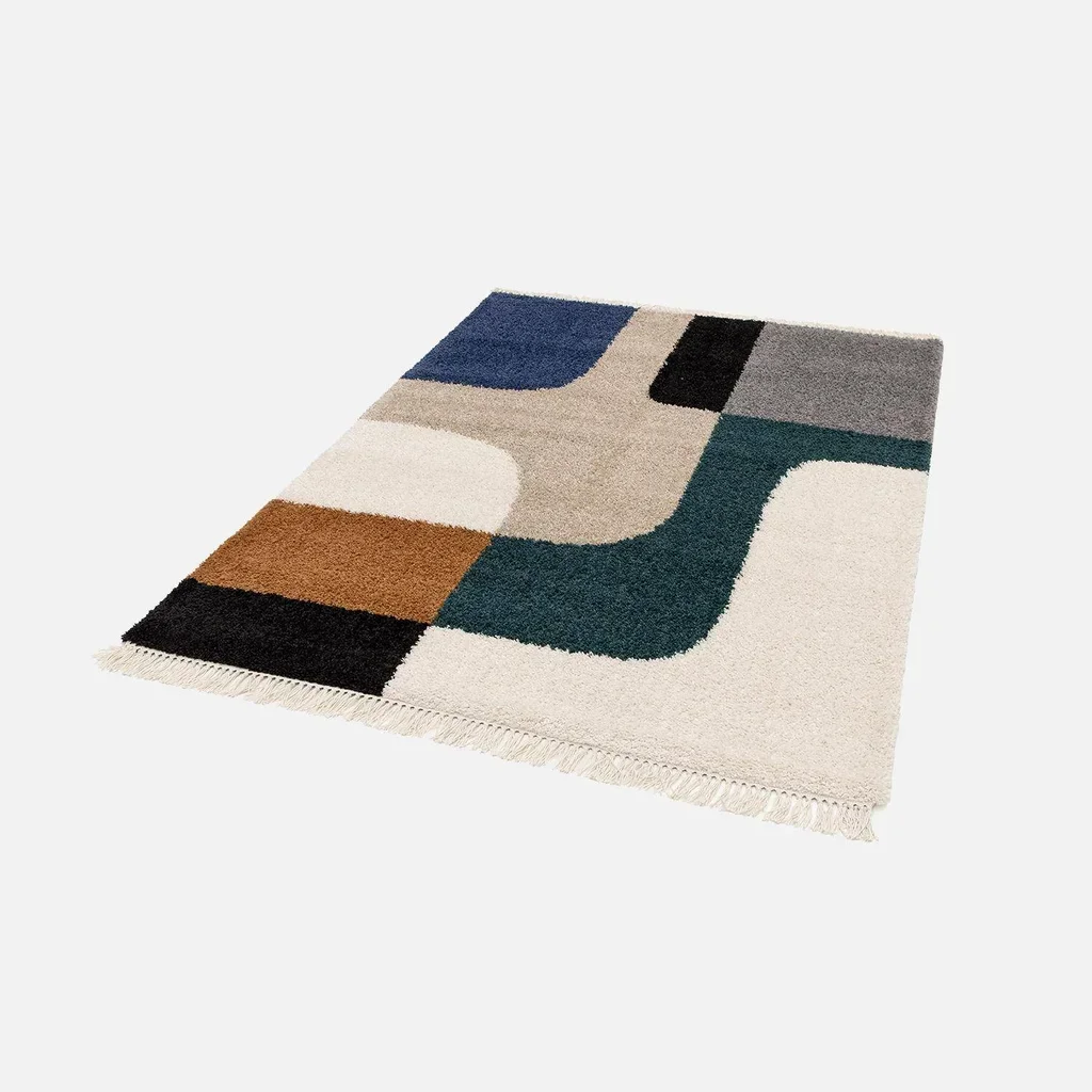 Tapis shaggy crème motifs géométriques vintage contemporain