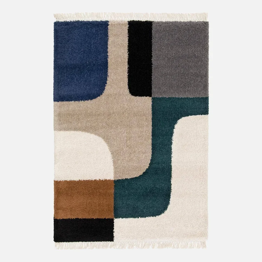 Tapis shaggy crème motifs géométriques vintage contemporain