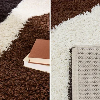 Shaggy Living Room Rug Omar Geometric Patterns Beige Brown Black Soft Modern