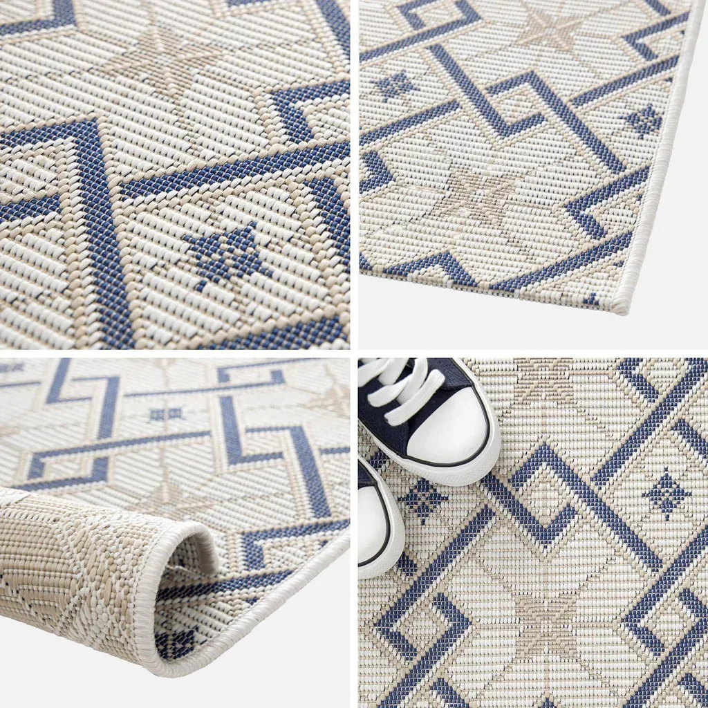 Tappeto vintage Angie beige crema blu a quadri interno esterno