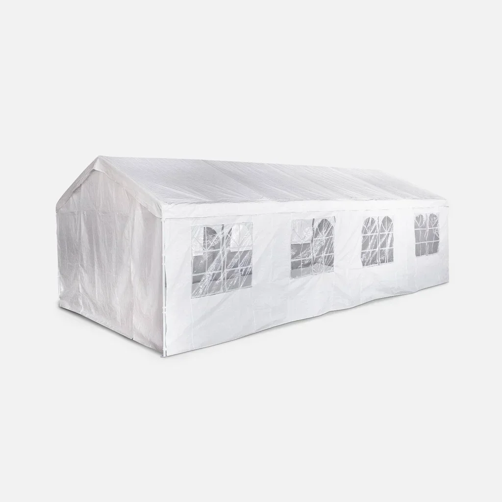 Tente réception 4x8m blanche 32m² avec rideaux et fenêtres pour mariage et événement jardin